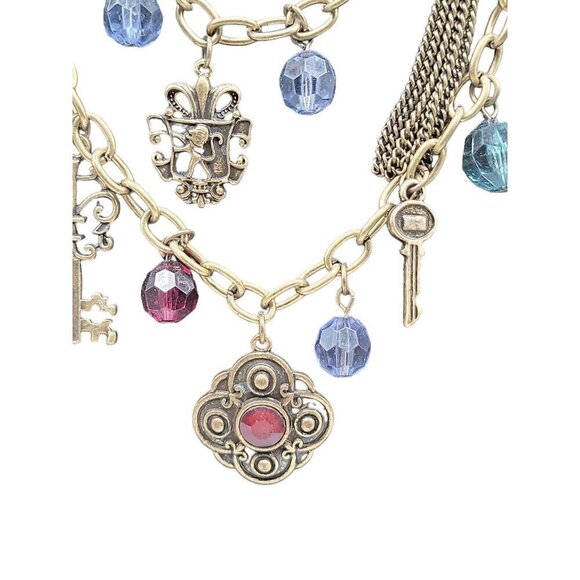 Multistrand Charm Necklace 22" Brass Tone Beads Locks Keys Shield Charms - Picture 8 of 16